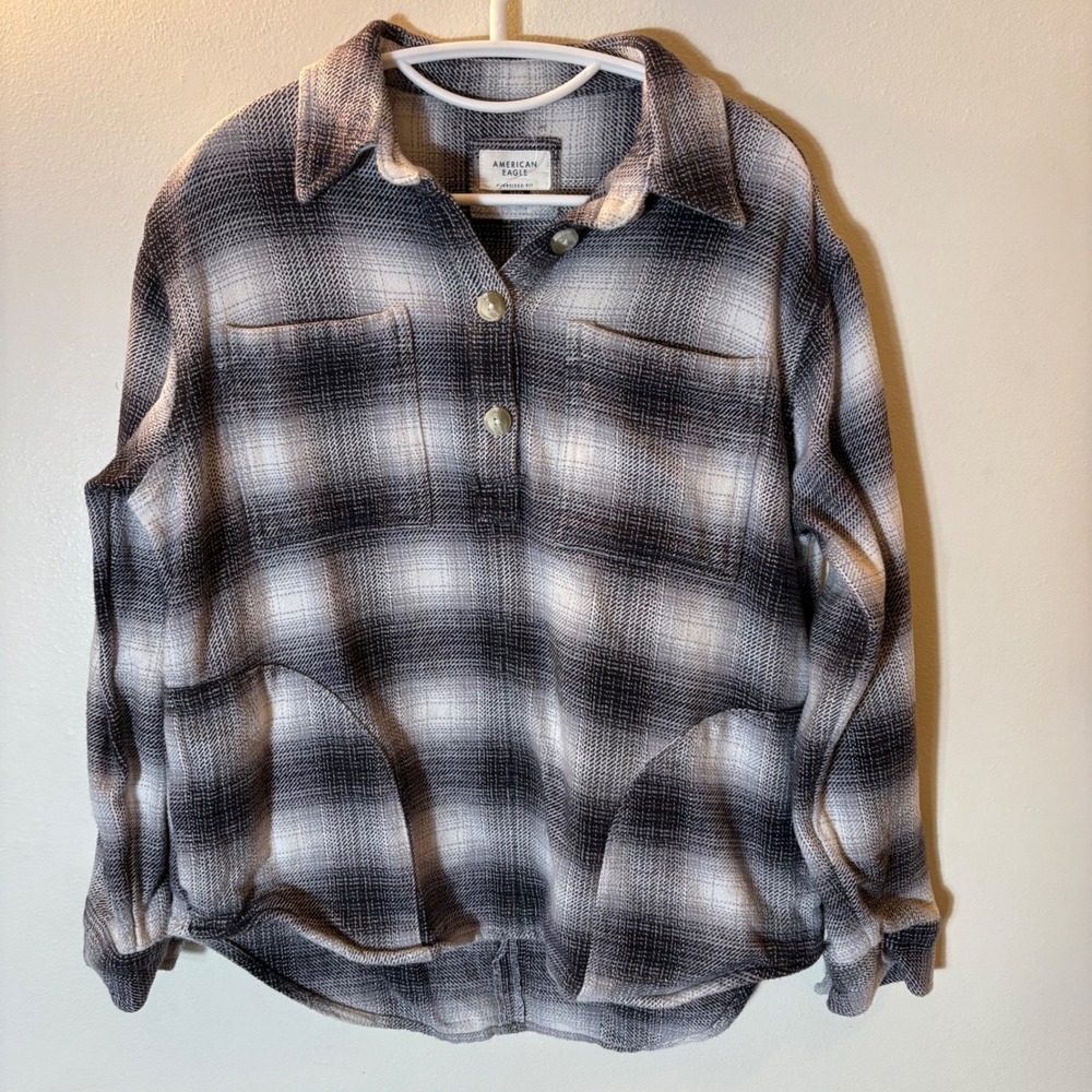 American Eagle Plaid Flannel Shirt Oversized Fit Black White Grey Size Small